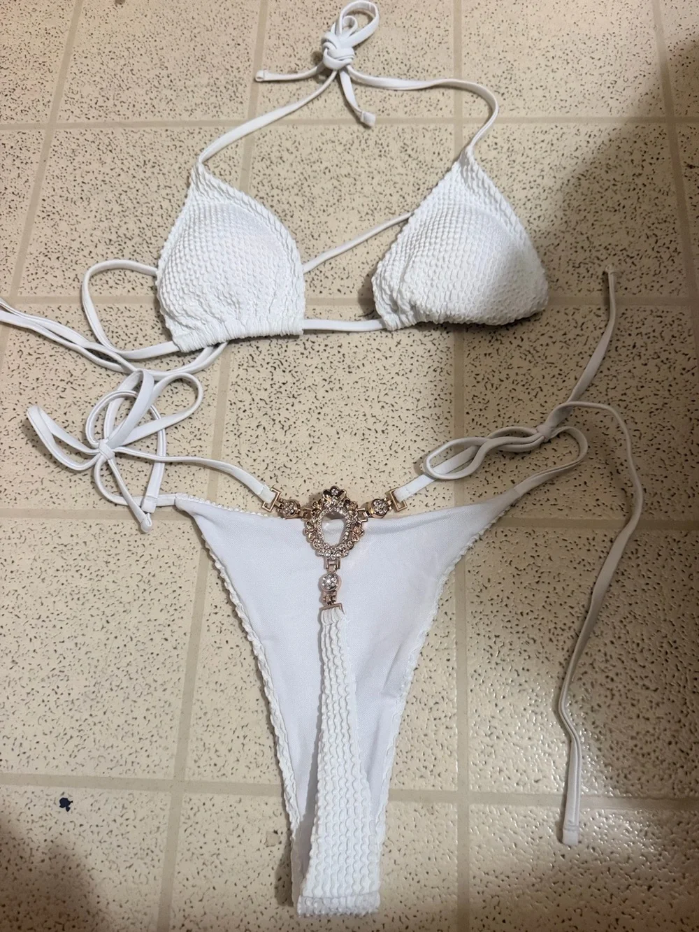 White Two-Piece String Bikini with Jeweled back Accent